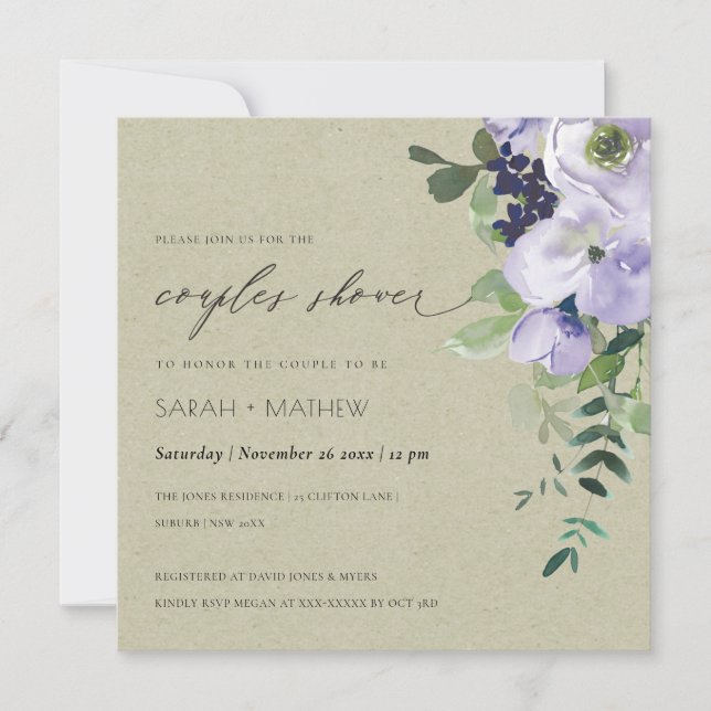 Violet Violet Floral Kraft Couples Invitation de d (Devant)
