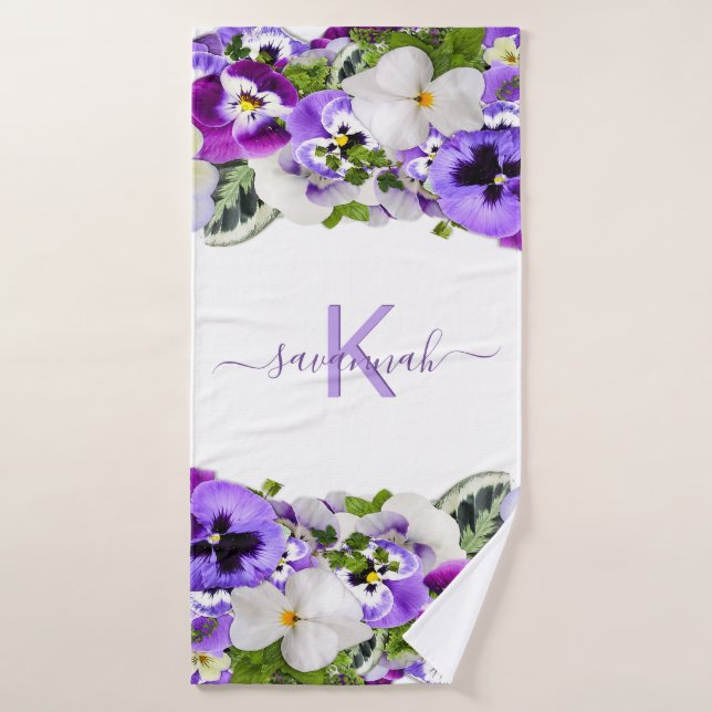 Violet violet floraux blanc monogramme nom script (Serviette de bain)