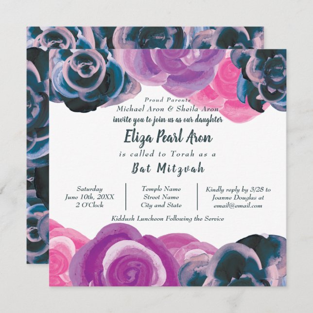 Violet violet rose roses Bat mitzvah Invitation (Devant / Derrière)