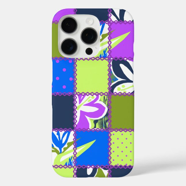 Violet von Pokii Hawaiian Floral und Dot Patchwork iPhone 16 Pro Hülle (Rückseite)