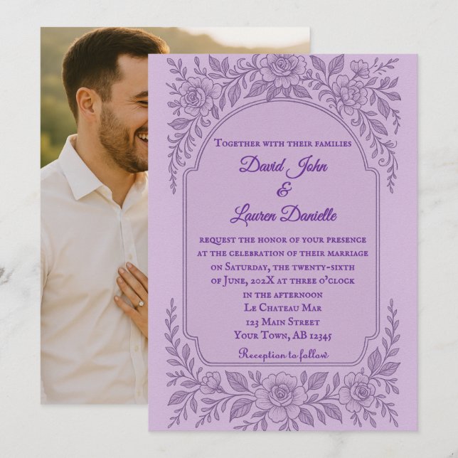 Violet Vows Foto Hochzeit Einladung (Vorne/Hinten)