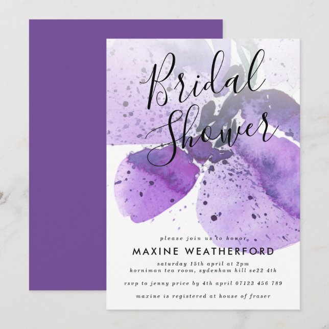 Violet Watercolor Orchid Bridal Dusche Einladung (Vorne/Hinten)