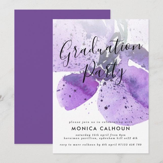 Violet Watercolor Orchid Graduation Party Einladung (Vorne/Hinten)
