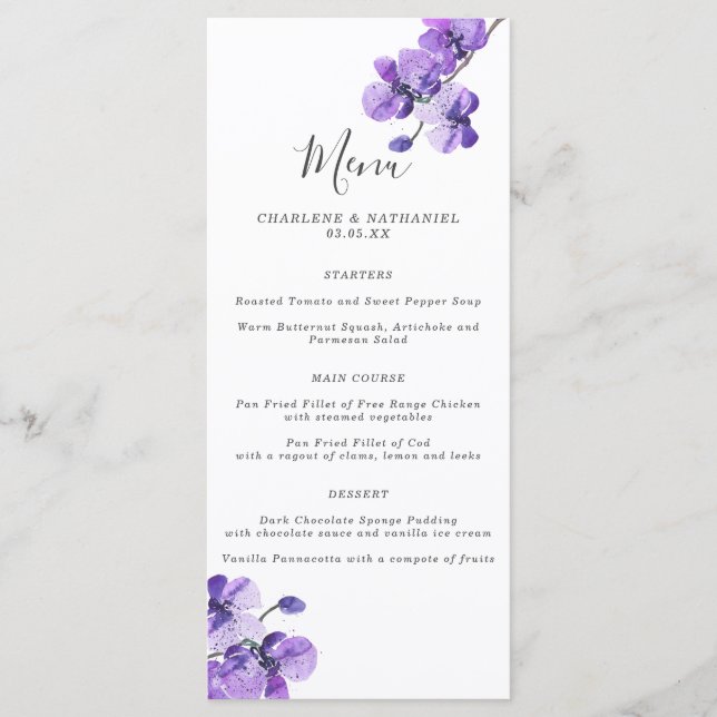 Violet Watercolor Orchid Wedding Menu Menükarte (Vorderseite)
