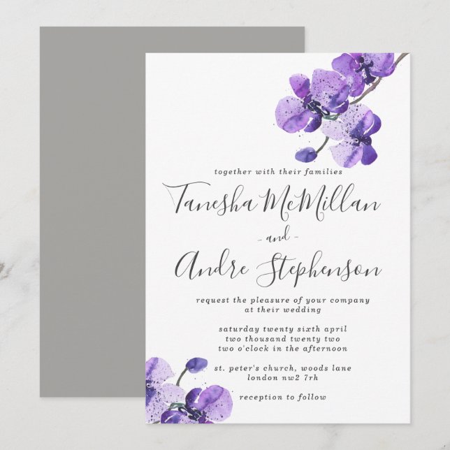 Violet Watercolor Orchideen Hochzeit Einladung (Vorne/Hinten)