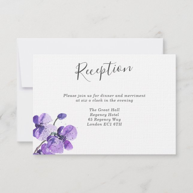 Violet Watercolor Orchideen Hochzeit Empfang Einladung (Vorderseite)