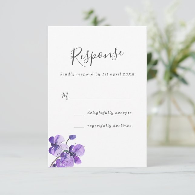Violet Watercolor Orchids Wedding RSVP (Stehend Vorderseite)