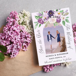 Violetflorale Foto Hochzeit speichern Sie das Datu Ankündigungspostkarte