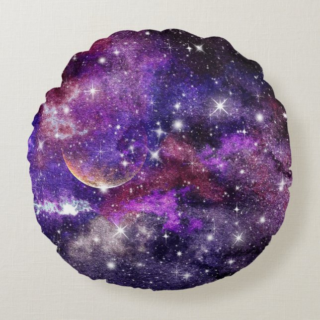 Violetgalaxie Milchstraße mit Planet Rundes Kissen (Vorderseite)