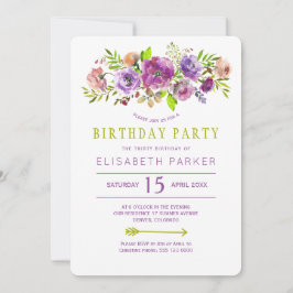 Violetgrün rustikal blühende böhmische Geburtstags Einladung