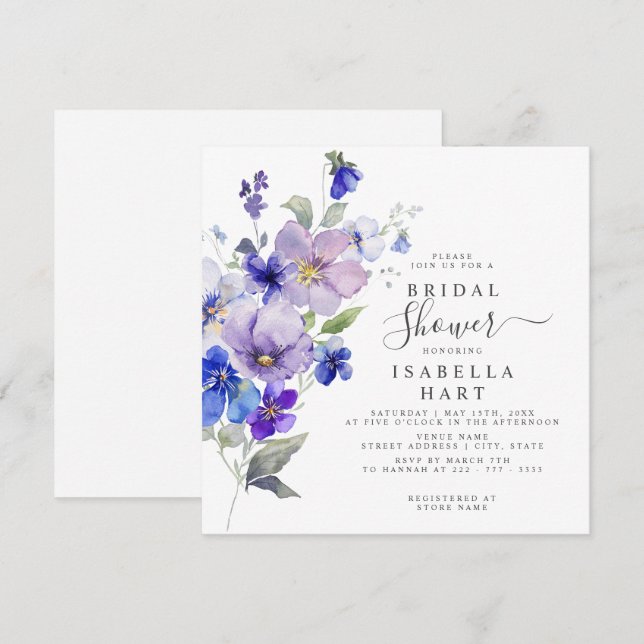 Violets Botanisches Lila blaues Brautparty Einladung (Vorne/Hinten)