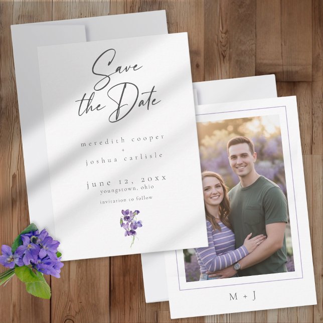 Violets Watercolor Minimal Elegant Wedding Photo Save The Date (Von Creator hochgeladen)