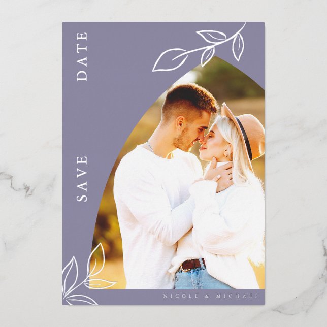 Violett-Arsch-Folie Leaf-Foto Save the Date Karte (Vorderseite)