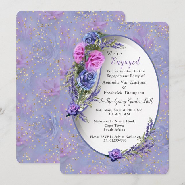 Violett-blaue Aquarellfarben-Rose & Tulpen mit Gol Einladung (Vorne/Hinten)