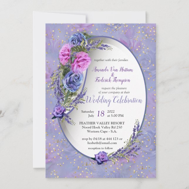 Violett-blaue Aquarellfarben-Rose & Tulpen mit Gol Einladung (Vorderseite)