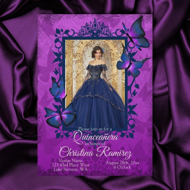 Violett, Blauer Schmetterling Quinceanera Einladun Einladung (Violet and blue quinceanera, blue dress mis quince invitation 15th purple butterfly blue butterflies)