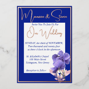Violett-Blume auf Royal Blue & White Wedding Folieneinladung