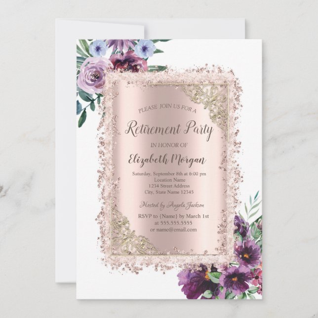Violett-Blume-Glitzer-Rahmen, Rose-Gold-Rente Einladung (Vorderseite)