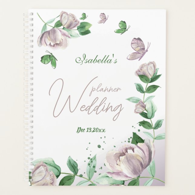 Violett Blumen & Schmetterlinge Grüne Hochzeit Planer (Vorderseite)