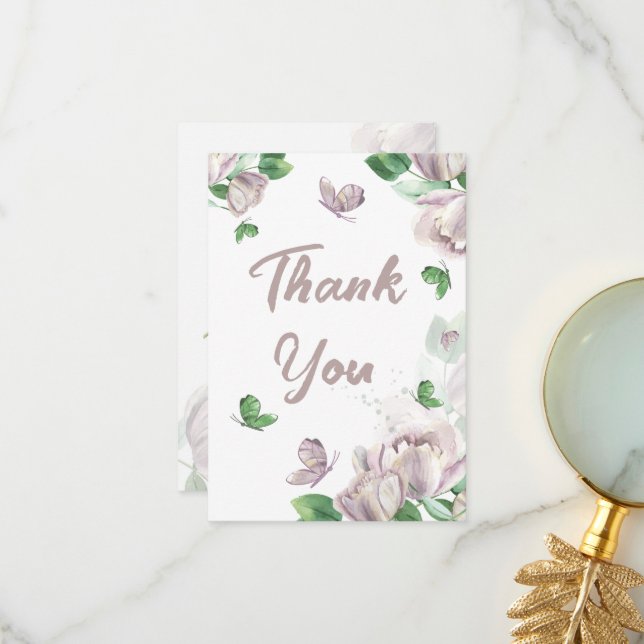 Violett-Blumen-Schmetterlinge Hochzeit Dankeskarte (Vorderseite/Rückseite Beispiel)