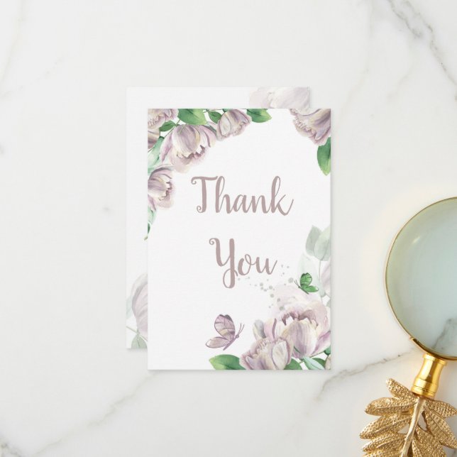 Violett-Blumen-Schmetterlinge Hochzeit Dankeskarte (Vorderseite/Rückseite Beispiel)