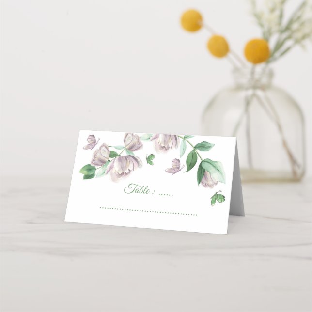 Violett-Blumen-Schmetterlinge Hochzeit Platzkarte (Vorderseite)