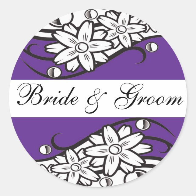 Violett-Blumenbrille & Groom-Hochzeit-Umschlag Auf Runder Aufkleber (Vorderseite)