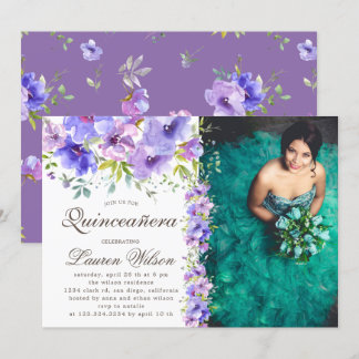 Violett Blumengarten Quinceanera Foto Einladung