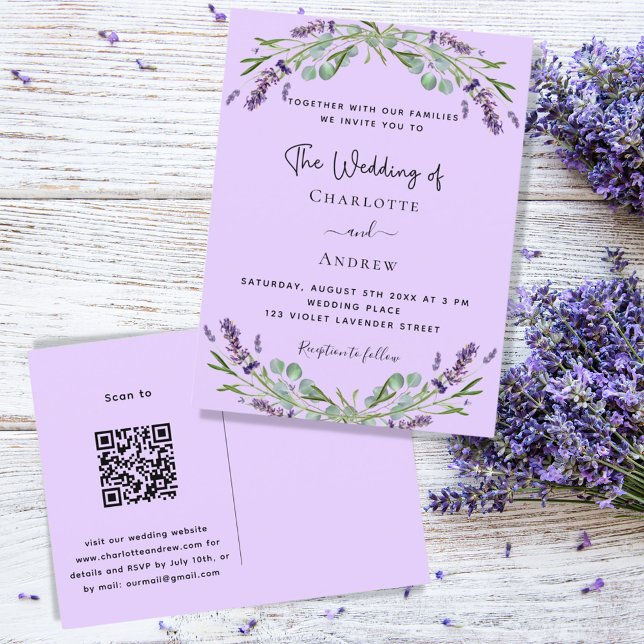 Violett-Blumengrün QR-Code Hochzeit Einladungspostkarte (Von Creator hochgeladen)