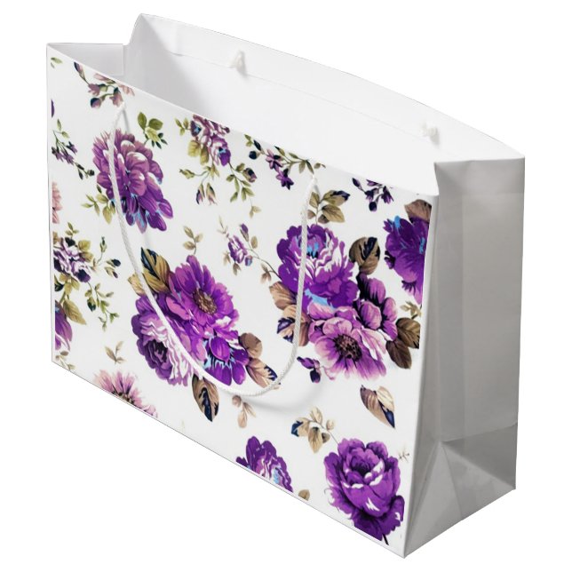 Violett-Blumenmuster Große Geschenktüte (Rückseite Schrägansicht)