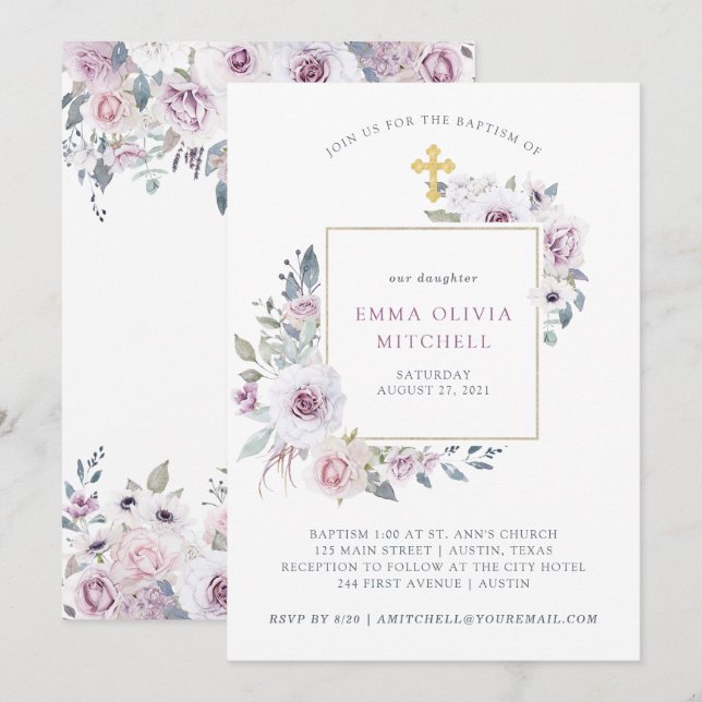 Violett Blush Floral | Goldkreuz Einladung (Vorne/Hinten)