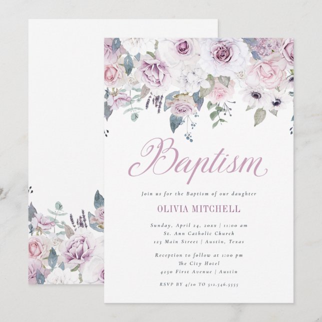 Violett Blush Floral | Taufe Einladung (Vorne/Hinten)