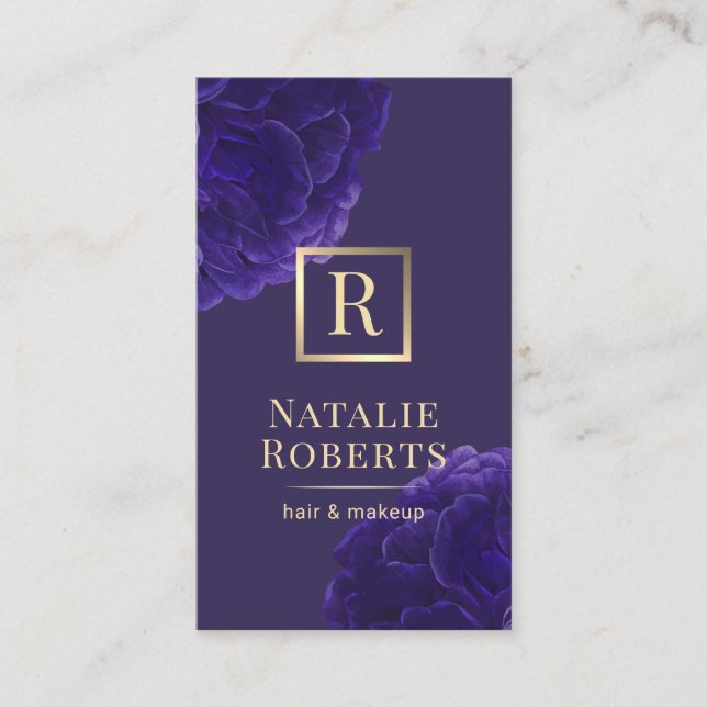 Violett Floral Gold Logo Hair Stylist Makeust Visitenkarte (Vorderseite)