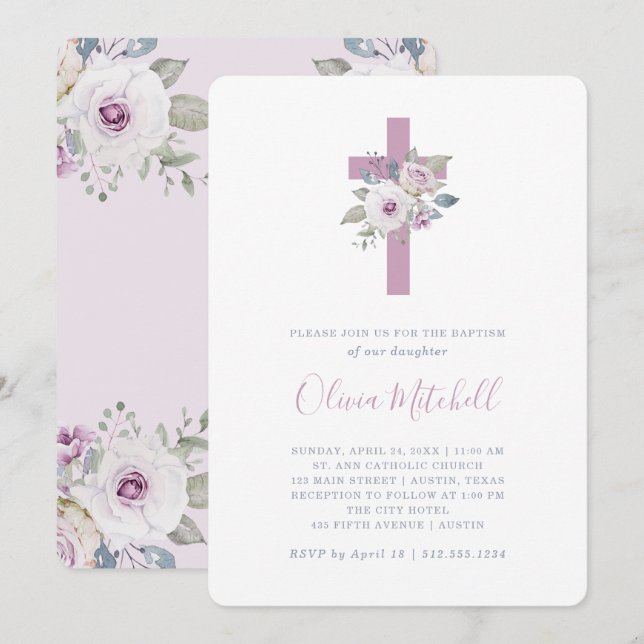 Violett| Florale Taufe mit Kreuz Einladung (Vorne/Hinten)
