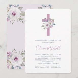 Violett  Florale Taufe mit Kreuz Einladung