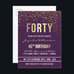 Violett | Gold Confetti 40. Geburtstag Party Einladungspostkarte<br><div class="desc">Violett | Gold Confetti 40. Geburtstag Party Postcard Einladungen. Diese formelle,  elegante,  trendige,  moderne 40. Geburtstagsfeier eignet sich für Damen und Herren. Es besteht aus goldfarbenen,  klaren Linien,  stilvollem,  gothischem Großbuchstaben und raffiniertem Imitat Goldfolientext auf einem königlich lila Hintergrund mit Duschen von glitzernden,  glänzenden Goldkonfetti und Party-Bänder.</div>