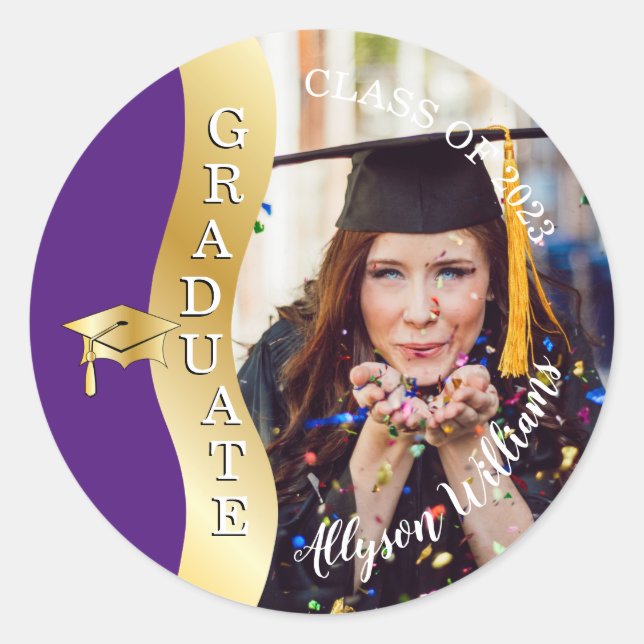 Violett | Gold Graduate Wave Grad Cap Foto Runder Aufkleber (Vorderseite)