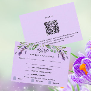 Violett Lavendel Hochzeitmenü QR Antwort RSVP Kart