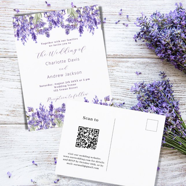 Violett-Lavendel QR UAWG Details Hochzeit Einladungspostkarte (Von Creator hochgeladen)