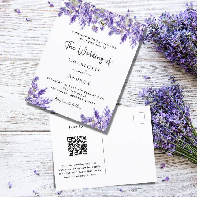 Violett-Lavendel QR UAWG Details Hochzeit Einladungspostkarte (Von Creator hochgeladen)