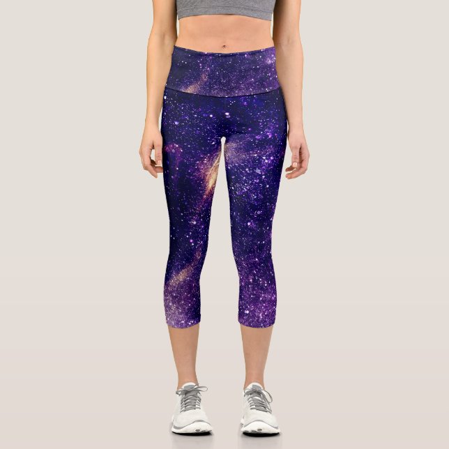 Violett lila abstraktes Galaxienuniversum Capri Leggings (Vorderseite)