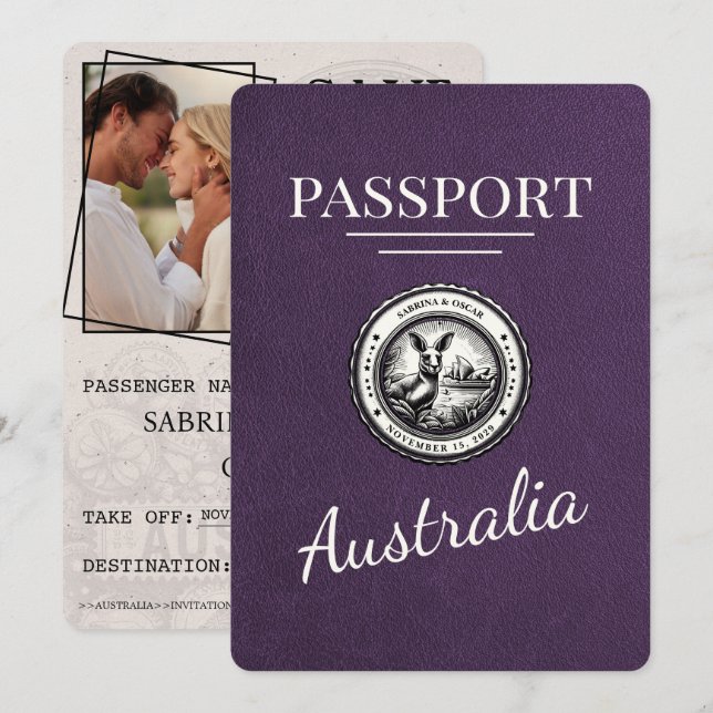 Violett Lila Australien Reisepass Speichert das Da Save The Date (Vorne/Hinten)