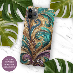 Violett Lila Blaugrün Blau Grün Gold Paisley-Muste iPhone 16 Pro Max Hülle