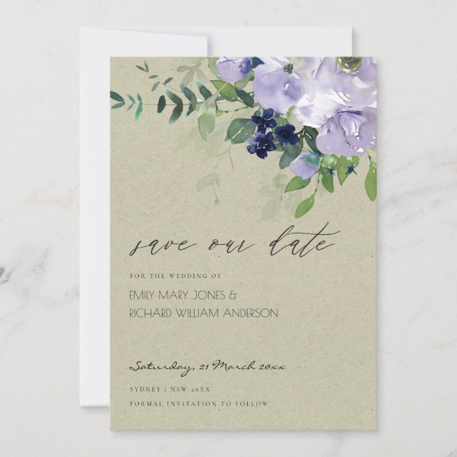 Violett Lila florale Kraft Save the Date einladen Dankeskarte (Vorderseite)