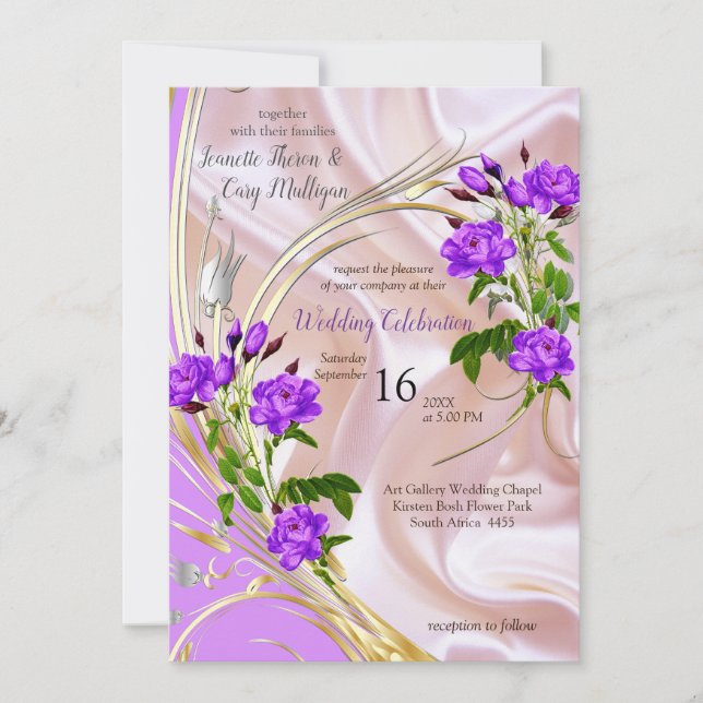 Violett lila, Gold und Rose, Rosa, Magenta Silk Einladung (Vorderseite)