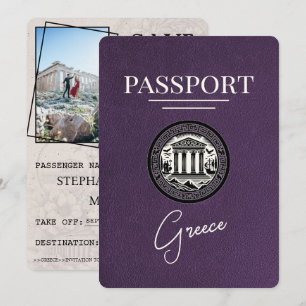 Violett lila Griechenland Reisepass Save-the-Date- Save The Date