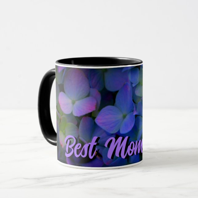 Violett lila-rosa-blaue Hydrangeas Blume Mama Tasse (Vorderseite Links)