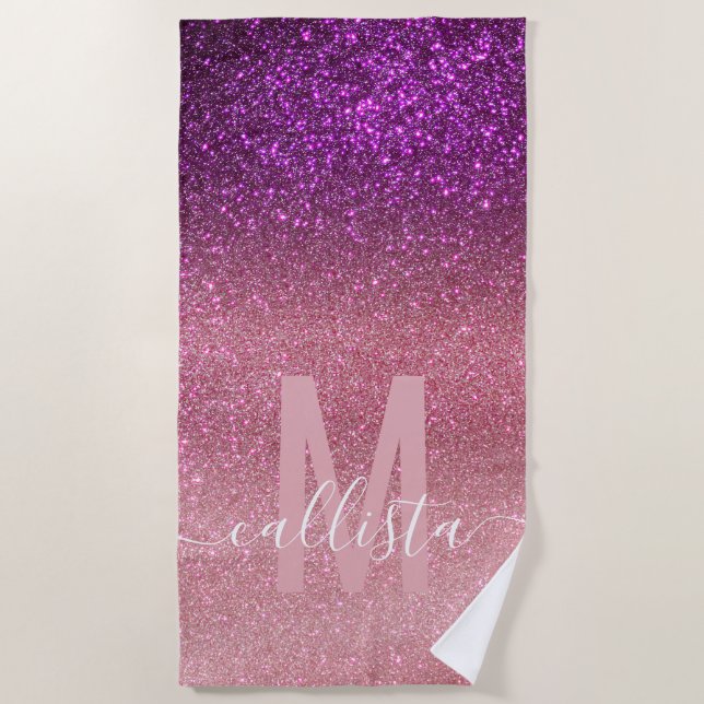 Violett Lila rosa Triple Glitzer Ombre Monogram Strandtuch (Vorderseite)