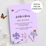 Violett lila rosa Wildblumen Geburtstag Einladung<br><div class="desc">Ein violetter,  lavenderfarbener Hintergrund. Mit Bienen dekoriert und Wildblumen in Violett und Rosa gestrichen. Personalisieren und fügen Sie einen Namen und Party-Details hinzu.</div>