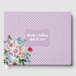 Violett mit weißen Punkten und Blume Hochzeit Gästebuch